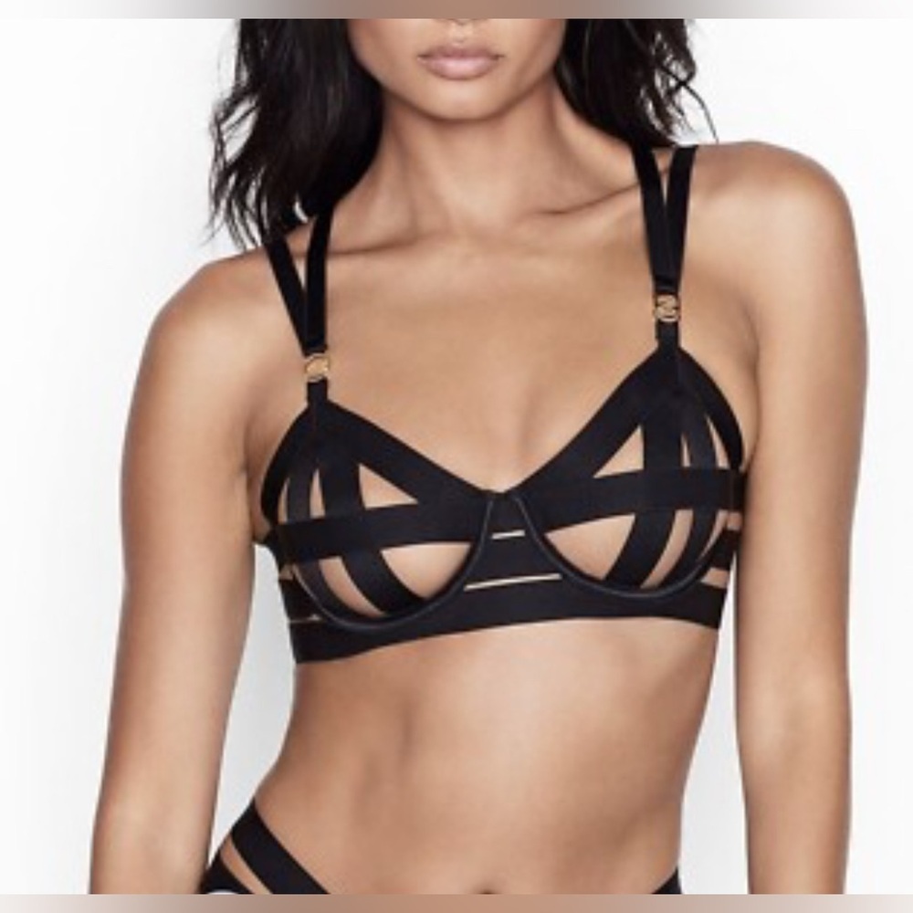Victoria's Secret Black Strappy Bra with Gold Accents